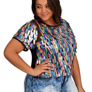 Rainbow rectangle sequin party top shirt rave